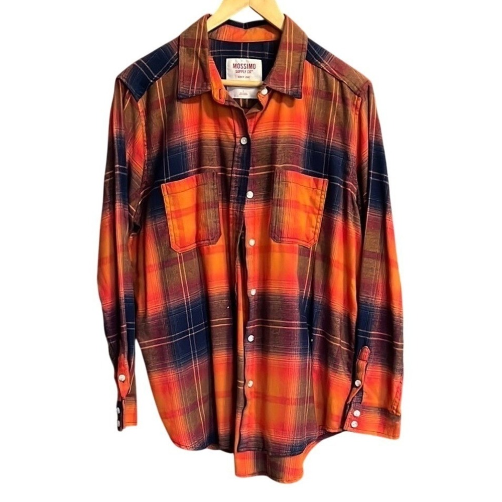 Mossimo Supply Co Flannel Shirt Womens Small Orange Navy Plaid 90s Grunge - Picture 2 of 2
